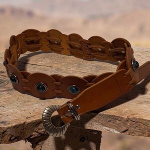 Boho Brown Leather Western-Inspired Belt with Blue Stone Stud Accents 33"-35" Sm